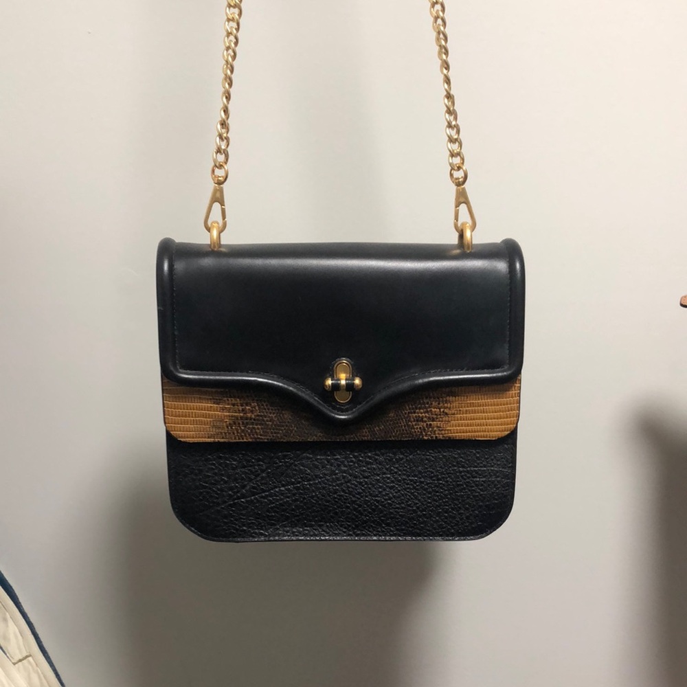 Rebecca Minkoff Black Leather and Brown Snakeskin Crossbody Bag. Gold chain.